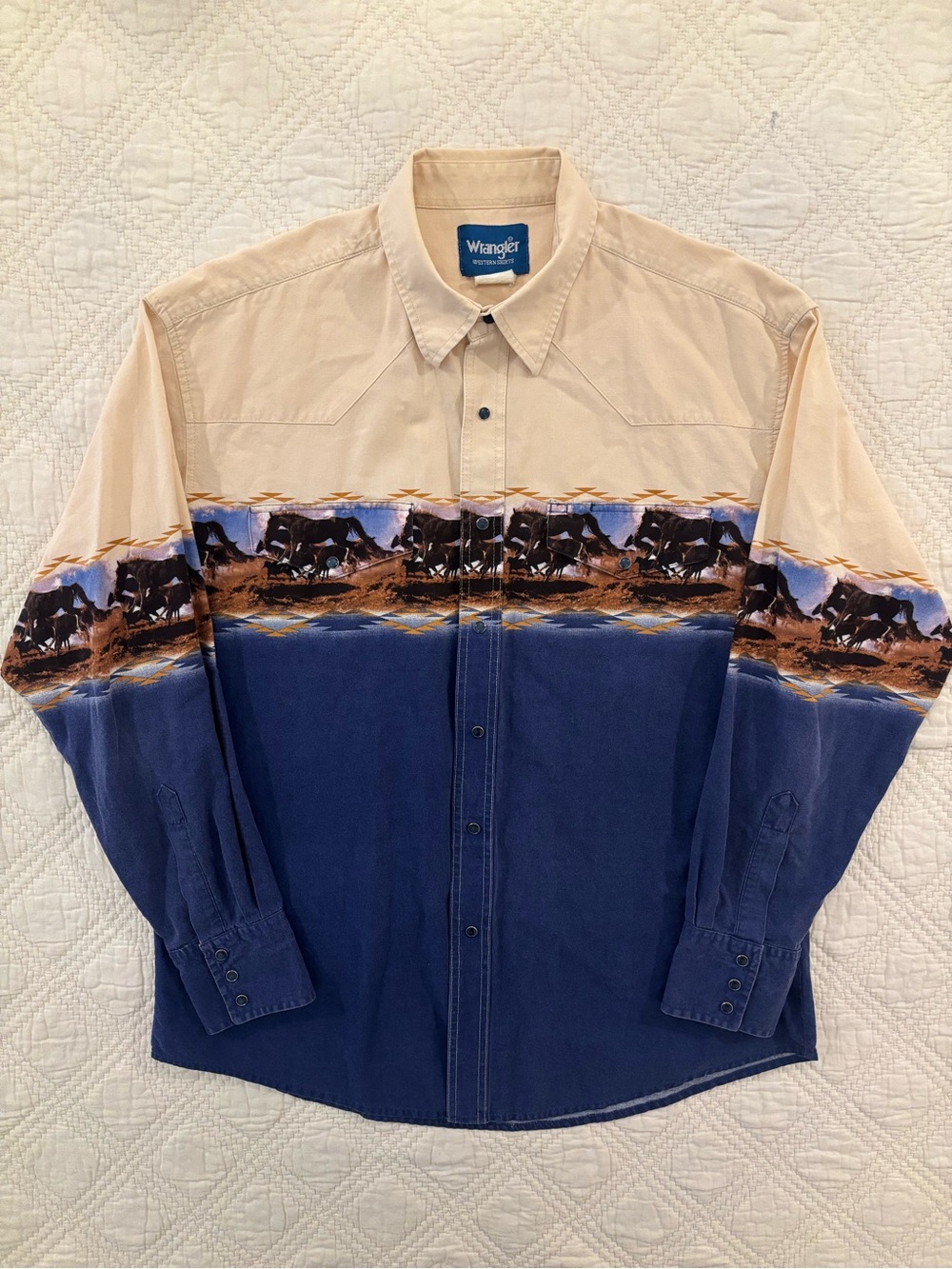 Vtg Wrangler Western Shirt Aztec Horses Pearl Snap Button Up Mens XL Cowboy Navy